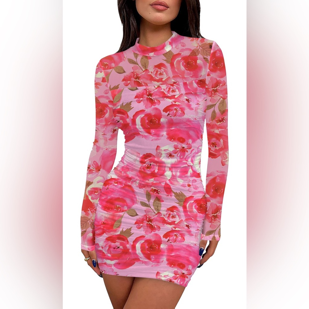 Floral Print Mesh Sheer Long Sleeve Mini Dress size S